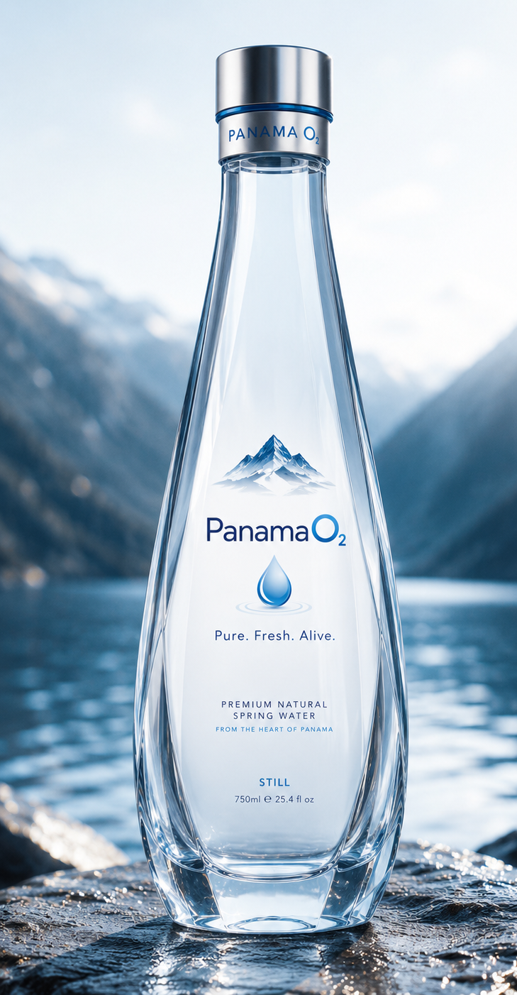 PanamaO₂ still water bottle beside a Panamanian mountain lake