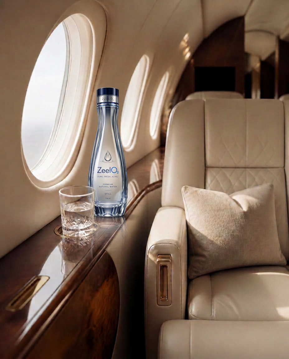 Private jet cabin with a crystal glass of water on a polished walnut table