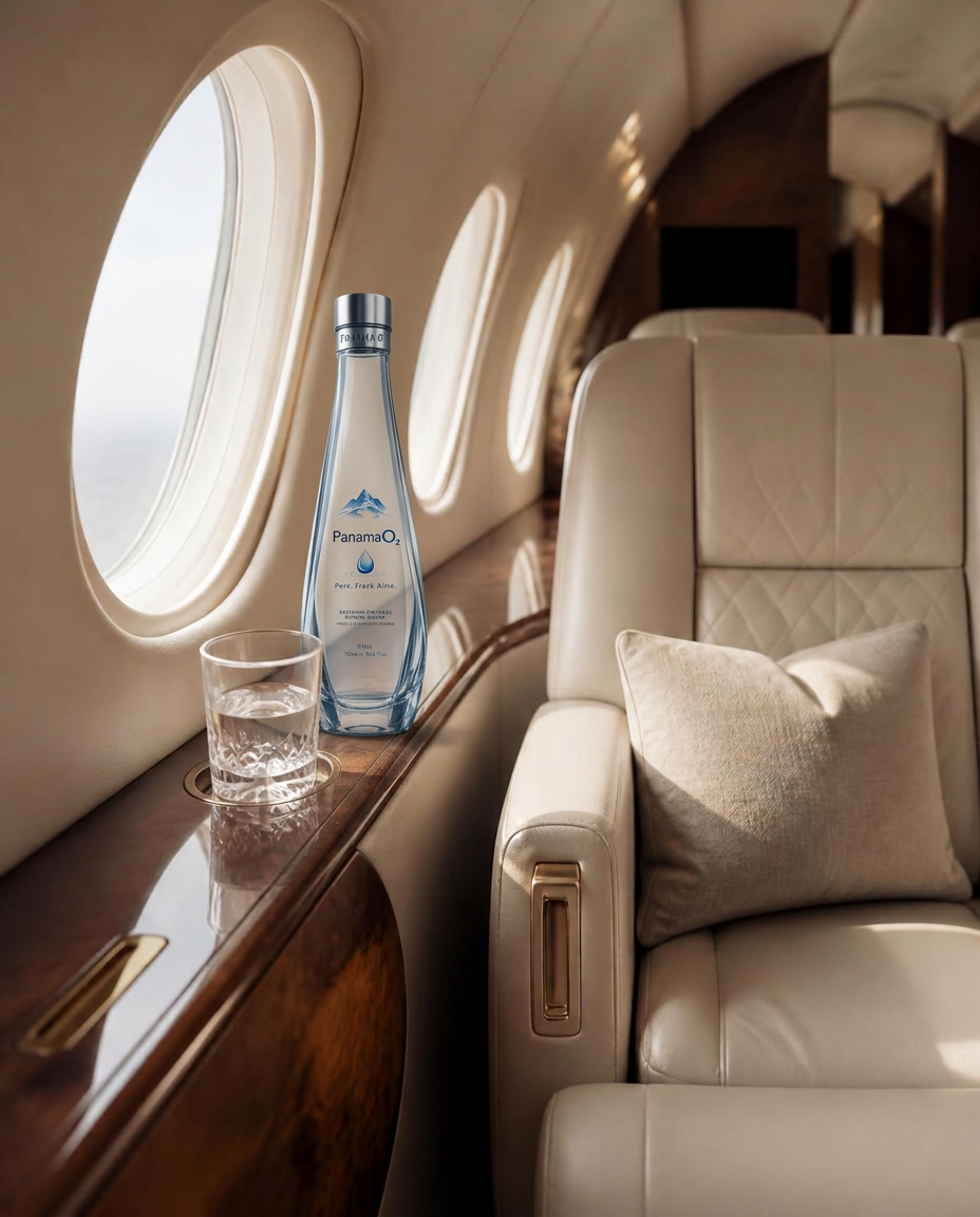 Private jet cabin with a crystal glass of water on a polished walnut table