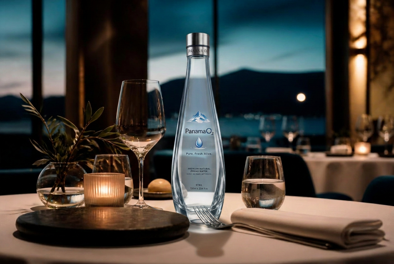 Candlelit fine-dining table set with crystal glassware and still water at dusk