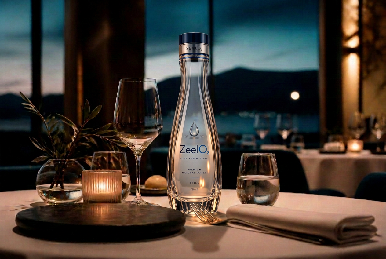 Candlelit fine-dining table set with crystal glassware and still water at dusk