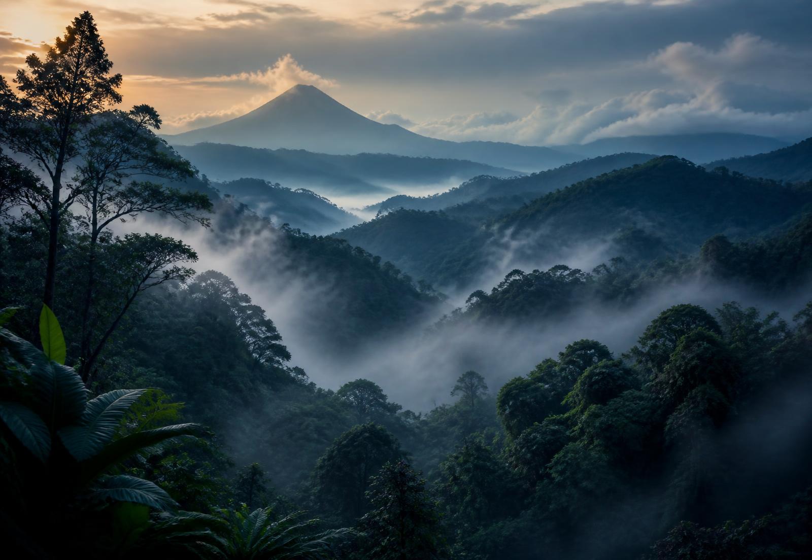 Misty Panamanian cloud forest highlands with volcanic ridgelines at dawn